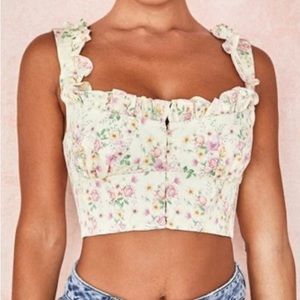 HOUSE OF CB Cropped ruffle floral bustier top. Size 0. Never worn